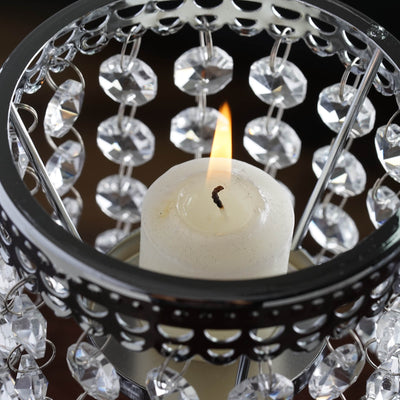 Crystal Beaded Chandelier Candle Holder 8" Silver - Metal Tealight Stand for Glamorous Pillar Candles