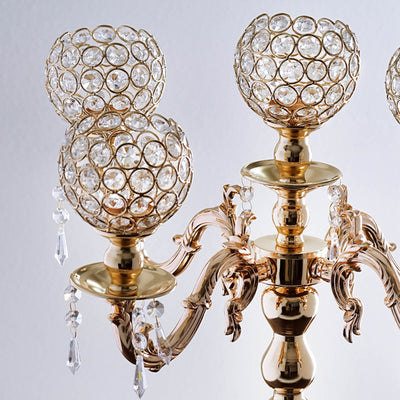 5-Arm Crystal Beaded Globe Candelabra 25" Gold - Metal Candle Holder for Stylish Pillar Table Centerpiece Decor