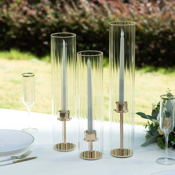 Set of 3 Clear Ribbed Candelabra Candle Holder Glass Shades, Open Ends Pillar Hurricane Candle Shades - 15",17",19"