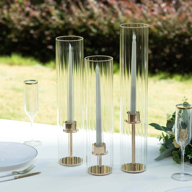 Set of 3 Clear Candelabra Ribbed Candle Holder Glass Shades