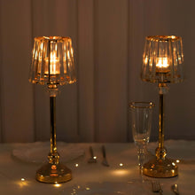 2 Pack Gold Metal Pillar Votive Candle Holders With Crystal Lamp Shade, Candlestick Stand for Table