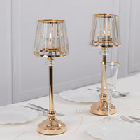 2 Pack Gold Metal Pillar Votive Candle Holders With Crystal Lamp Shade, Candlestick Stand for Table Centerpieces - 15"
