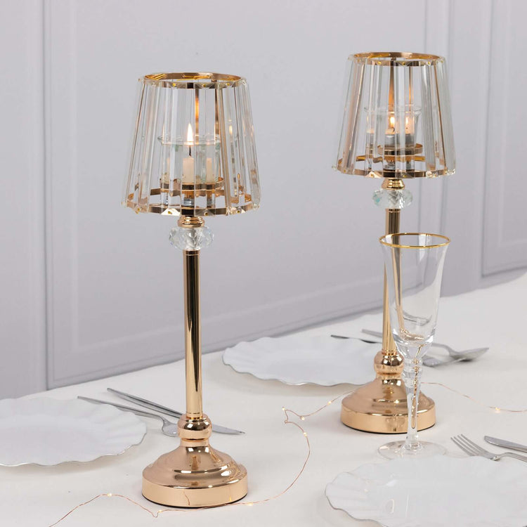 2 Pack Gold Metal Pillar Votive Candle Holders With Crystal Lamp Shade, Candlestick Stand for Table