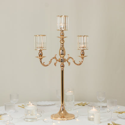3-Arm Gold Metal Candelabra with Crystal Pendant Glass Shades – 34" Tall Candle Holder for Pillar, LED, and Flameless Candles