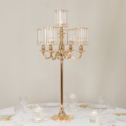 5-Arm Gold Metal Candelabra with Crystal Pendant Glass Shades – 40" Tall Candle Holder for Pillar, LED, and Flameless Candles