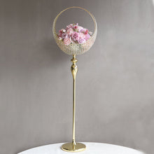 Gold Crystal Beaded Metal Candle Holder Stand in Half Moon Basket Design