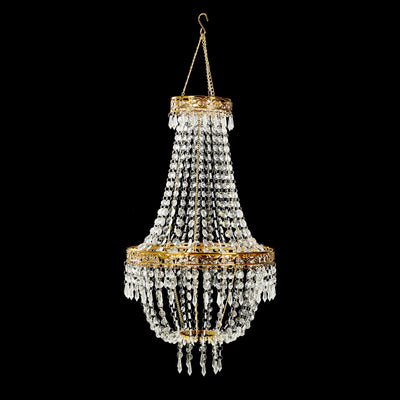 Empire Style Beaded Crystal Chandelier with Gold Ornate Metal Frame, Adjustable Hanging Farmhouse Pendant Ceiling Lighting - 2ft