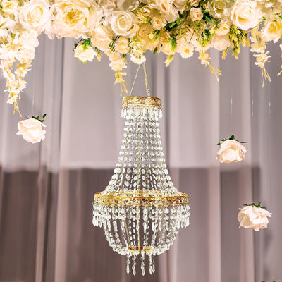 Empire Style Beaded Crystal Chandelier with Gold Ornate Metal Frame, Adjustable Hanging Farmhouse Pendant Ceiling Lighting - 2ft