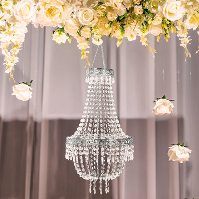 Empire Style Beaded Crystal Chandelier with Silver Ornate Metal Frame, Adjustable Hanging Farmhouse Pendant Ceiling Lighting - 2ft