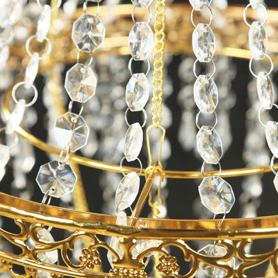 Empire Style Beaded Crystal Chandelier with Gold Ornate Metal Frame, Adjustable Hanging Farmhouse Pendant Ceiling Lighting - 5ft