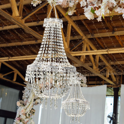 Empire Style Beaded Crystal Chandelier with Silver Ornate Metal Frame, Adjustable Hanging Farmhouse Pendant Ceiling Lighting - 5ft