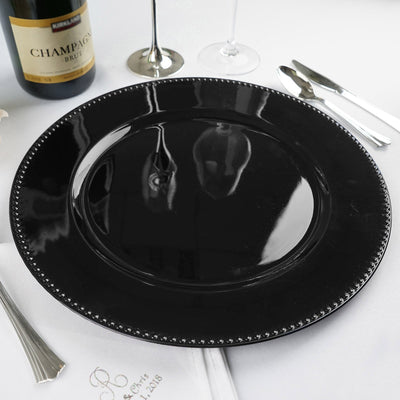 6-Pack Acrylic Charger Plates 13" Round Black Beaded Rim - Dinner Charger Tabletop Decor