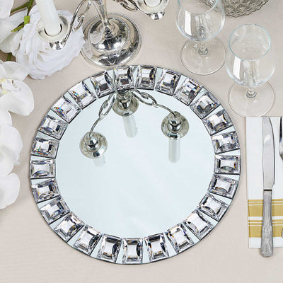 2-Pack Glass Mirror Charger Plates 13" Round Silver with Jeweled Rim - Premium Decorative Dinner Party Charger Tableware