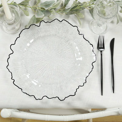 6-Pack Plastic Charger Plates 13", Round Clear Reef Design with Black Rim - Decorative Dinner Party Serving Plates