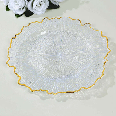 6-Pack Plastic Charger Plates 13", Round Clear Reef Design with Gold Rim - Decorative Dinner Party Serving Plates
