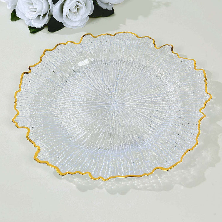 6 Pack Clear Round Reef Acrylic Plastic Charger Plates With Gold Rim, Dinner Charger Plates - 13inch