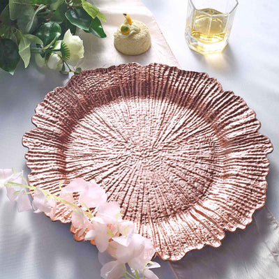 6-Pack Acrylic Plastic Charger Plates 13" Round Rose Gold Reef Design - Decorative Dinner Charger Tableware