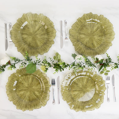 6-Pack Acrylic Plastic Charger Plates 13" Round Transparent Dusty Sage Green Reef Design - Decorative Dinner Charger Tableware