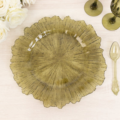 6-Pack Acrylic Plastic Charger Plates 13" Round Transparent Dusty Sage Green Reef Design - Decorative Dinner Charger Tableware