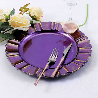 6-Pack Acrylic Plastic Charger Plates 13" Round Purple with Gold Brushed Wavy Scalloped Rim - Dinner Charger Tableware