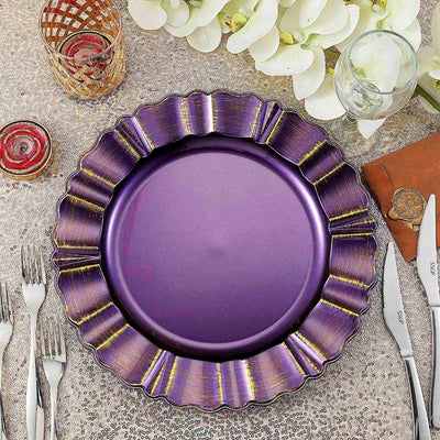 6-Pack Acrylic Plastic Charger Plates 13" Round Purple with Gold Brushed Wavy Scalloped Rim - Dinner Charger Tableware