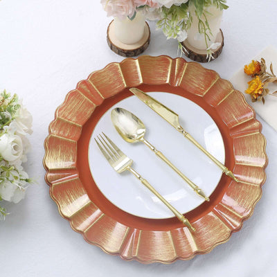 6-Pack Acrylic Plastic Charger Plates 13" Round Terracotta (Rust) with Gold Brushed Wavy Scalloped Rim - Dinner Charger Tableware
