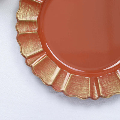 6-Pack Acrylic Plastic Charger Plates 13" Round Terracotta (Rust) with Gold Brushed Wavy Scalloped Rim - Dinner Charger Tableware