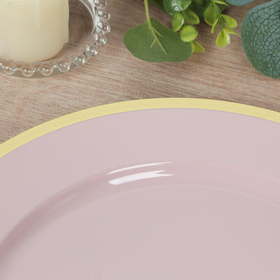 10-Pack Economy Plastic Charger Plates 12" Round Blush with Wide Gold Rim - Dinner Party Serving Plates