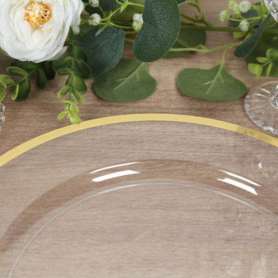10-Pack Economy Plastic Charger Plates 12" Round Clear with Wide Gold Rim - Dinner Party Serving Plates