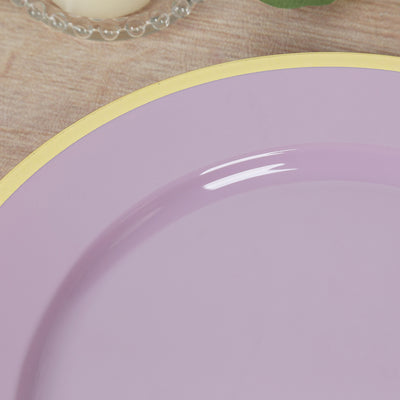 10-Pack Economy Plastic Charger Plates 12" Round Lavender Lilac with Wide Gold Rim - Dinner Party Serving Plates