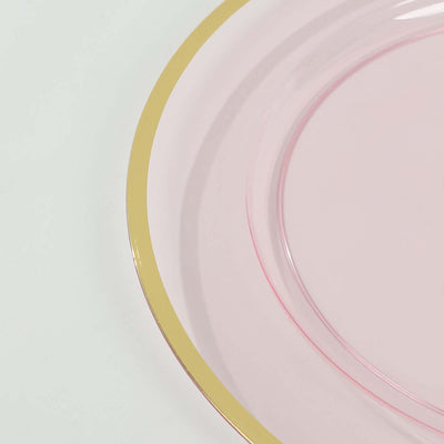 10-Pack Economy Plastic Charger Plates 12" Round Transparent Blush with Wide Gold Rim - Dinner Party Serving Plates