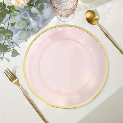 10-Pack Economy Plastic Charger Plates 12" Round Transparent Blush with Wide Gold Rim - Dinner Party Serving Plates
