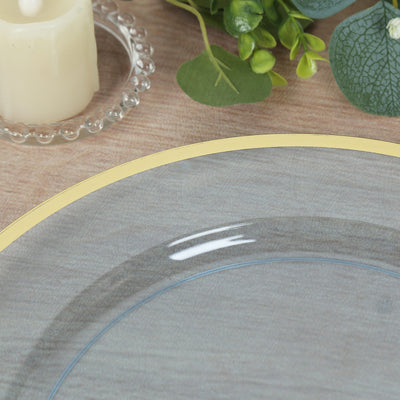 10-Pack Economy Plastic Charger Plates 12" Round Dusty Blue with Wide Gold Rim - Dinner Party Serving Plates