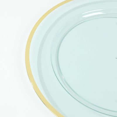 10-Pack Economy Plastic Charger Plates 12" Round Transparent Blue with Wide Gold Rim - Dinner Party Serving Plates