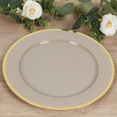 10 Pack Taupe Economy Plastic Charger Plates With Gold Rim, Round Dinner Chargers Event Tabletop Decor - 12"