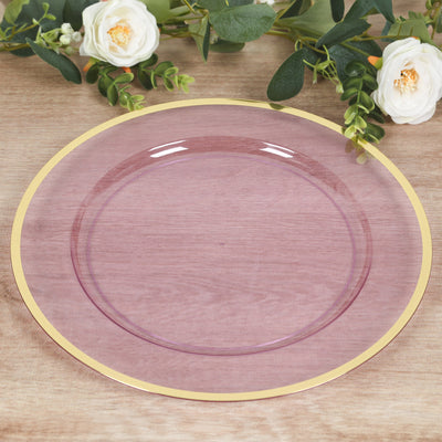 10 Pack Purple Economy Plastic Charger Plates With Gold Rim, Round Transparent Dinner Chargers Event Tabletop Decor - 12"