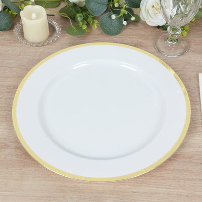 10-Pack Economy Plastic Charger Plates 12" Round White with Wide Gold Rim - Decorative Dinner Party Serving Plates