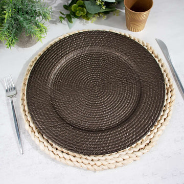 Elevate Your Event Decor with Natural Brown Acrylic Plastic Rattan-Like Charger Plates