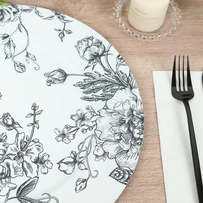 6-Pack Acrylic Charger Plates 13" Round White with Black Floral French Toile Pattern - Decorative Dinner Party Charger Tableware