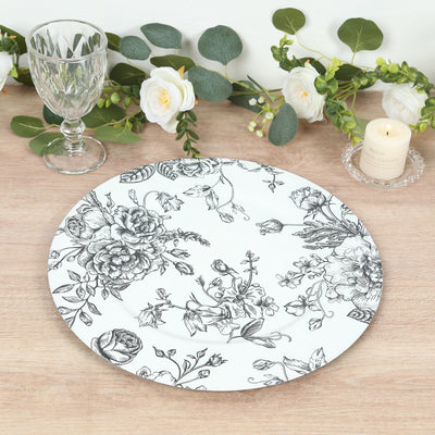 6-Pack Acrylic Charger Plates 13" Round White with Black Floral French Toile Pattern - Decorative Dinner Party Charger Tableware