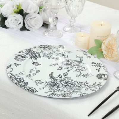 6-Pack Acrylic Charger Plates 13" Round White with Black Floral French Toile Pattern - Decorative Dinner Party Charger Tableware
