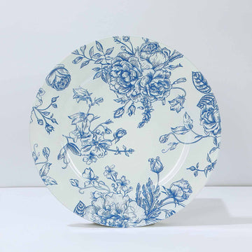 <strong>White Light Blue Floral Acrylic Charger Plates with Elegant French Toile Design</strong>