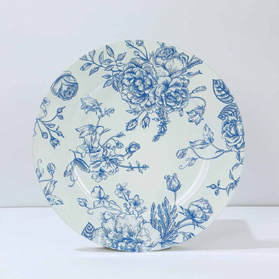 6-Pack Acrylic Charger Plates 13" Round White with Light Blue Floral French Toile Pattern - Decorative Dinner Party Charger Tableware