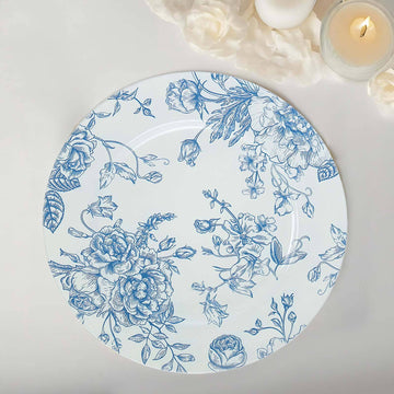 6 Pack White Light Blue Floral Acrylic Charger Plates in French Toile Pattern, Round Dinner Charger Event Tabletop Decor - 13"