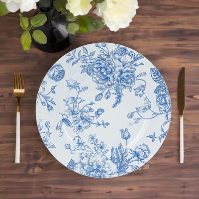 6-Pack Acrylic Charger Plates 13" Round White with Light Blue Floral French Toile Pattern - Decorative Dinner Party Charger Tableware