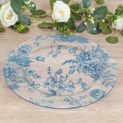 6 Pack Floral Acrylic Charger Plates in French Toile Pattern, Clear Light Blue Round Dinner Charger Event Tabletop Decor - 13"