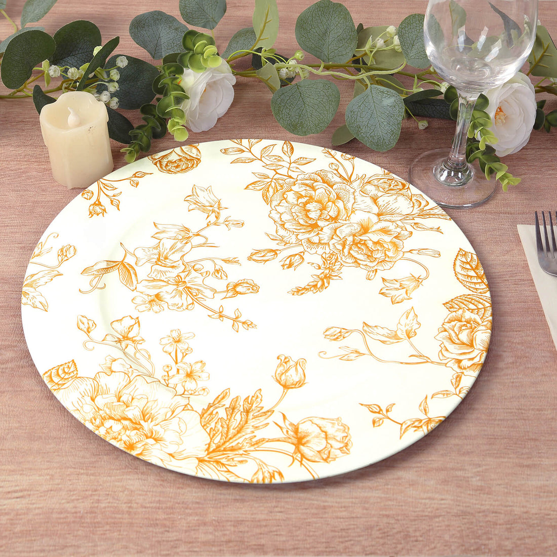 6 Pack White Gold Floral Acrylic Charger Plates in French Toile Pattern