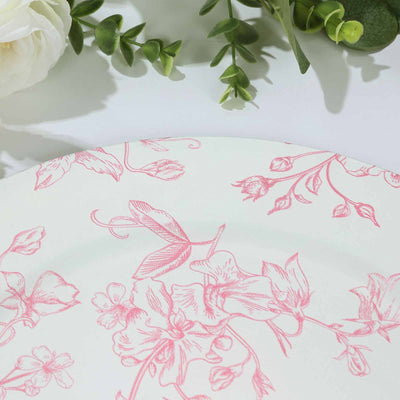 6-Pack Acrylic Charger Plates 13" Round White with Pink Floral French Toile Pattern - Decorative Dinner Party Charger Tableware