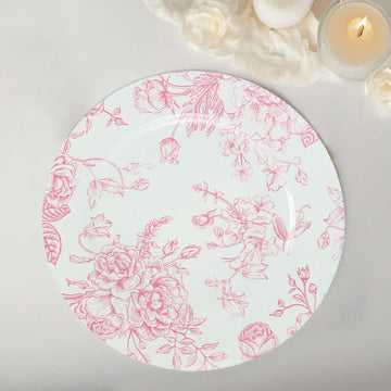 <strong>White Pink Floral Acrylic Charger Plates with Elegant French Toile Design</strong>