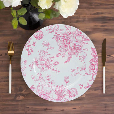 6-Pack Acrylic Charger Plates 13" Round White with Pink Floral French Toile Pattern - Decorative Dinner Party Charger Tableware